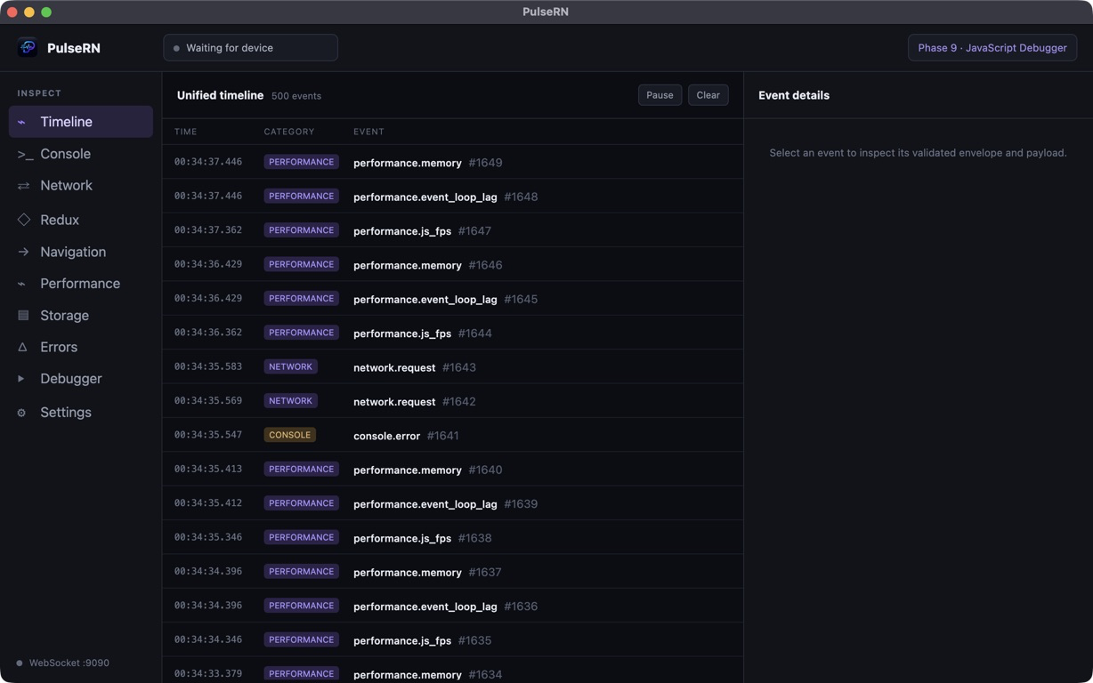 PulseRN showing console, network, navigation, Redux, performance, and error events in one timeline