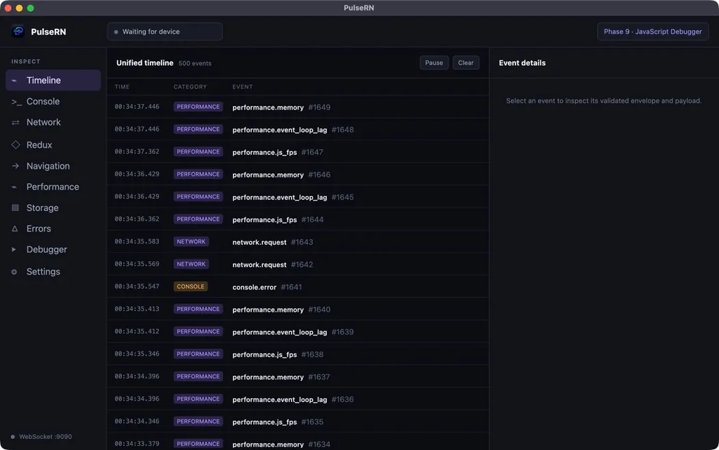 PulseRN desktop debugger showing events in a unified chronological timeline